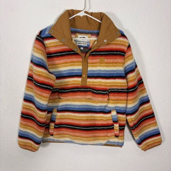 Billabong Orange, Blue, & Yellow Striped Fleece Snap Pullover Women's Small - Picture 1 of 8